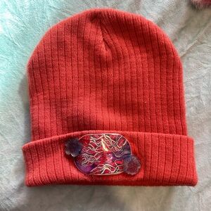 Salmon-Pink Knit Beanie with Artistic Patch